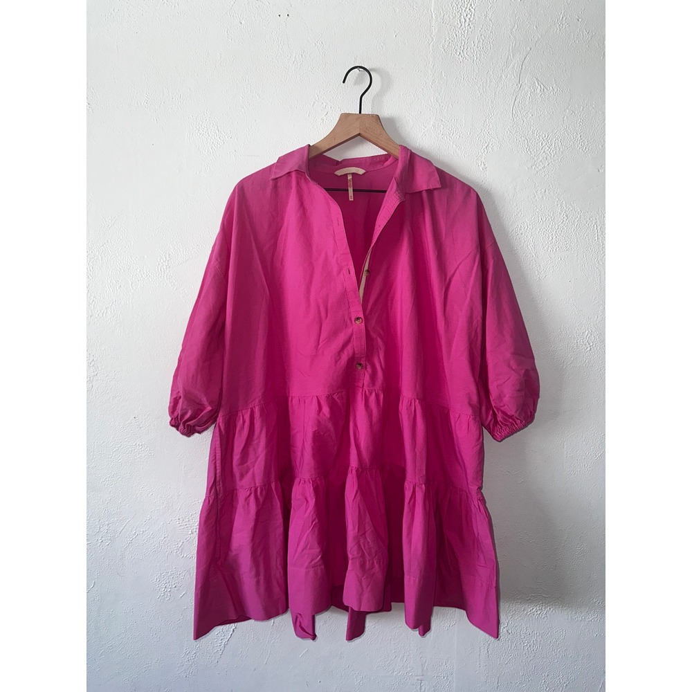 Free People Hot Pink Cotton Tiered Babydoll Mini Dress XS Oversized Poplin - Picture 2 of 5